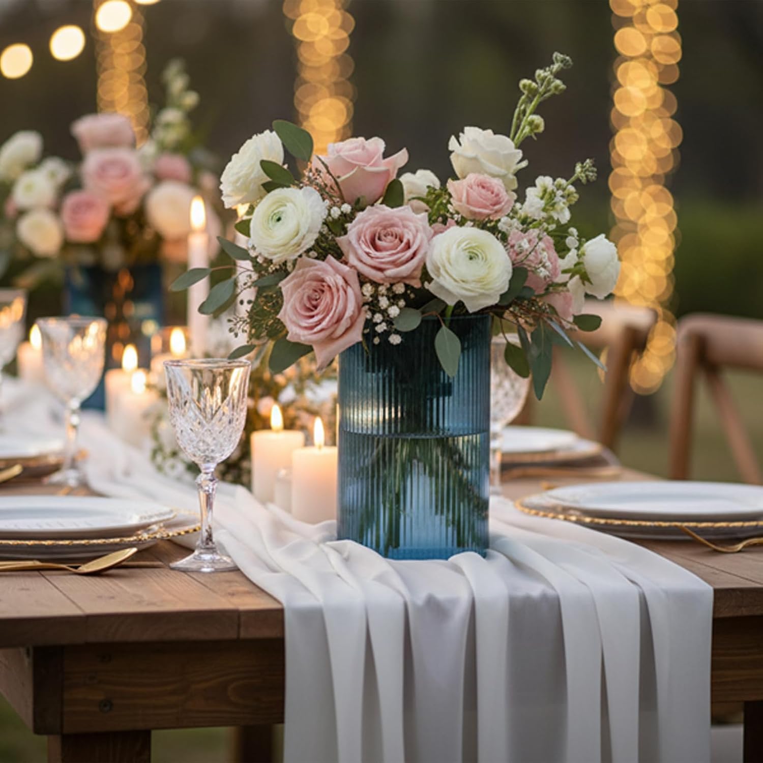 Aldernest Glass Cylinder Vase 6 Inch Tall- Blue Ribbed Decor for Wedding Centerpieces