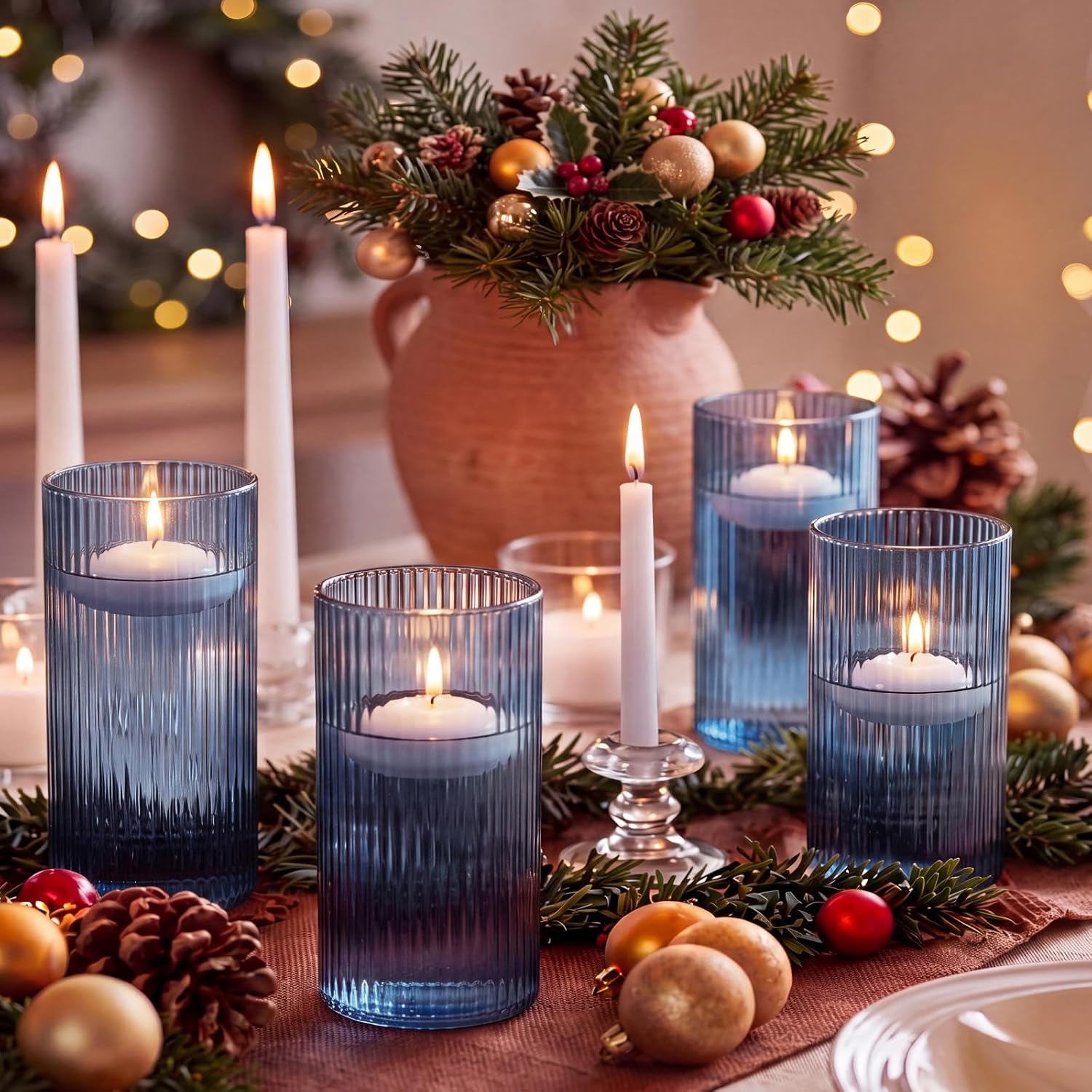 Aldernest Glass Cylinder Vase 6 Inch Tall- Blue Ribbed Decor for Wedding Centerpieces