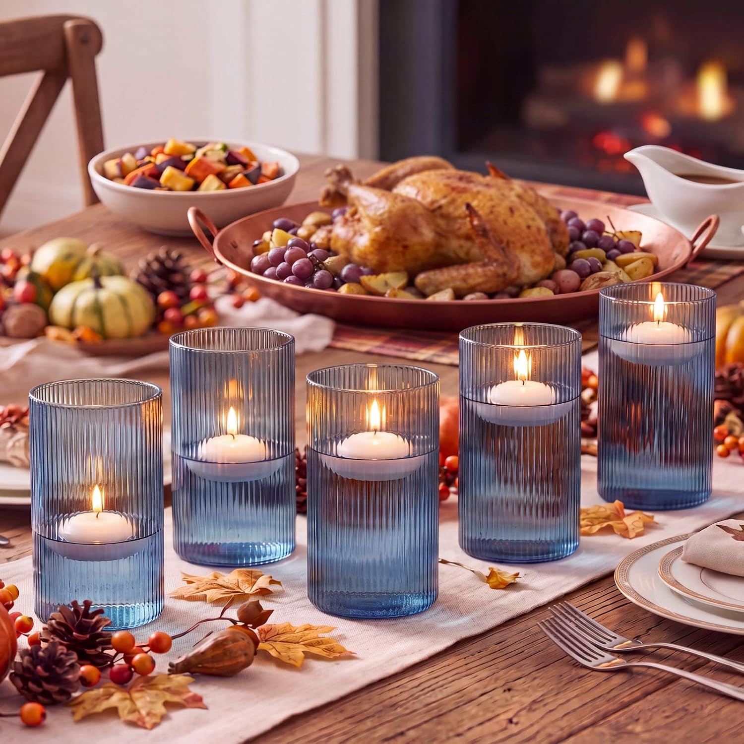 Aldernest Glass Cylinder Vase 6 Inch Tall- Blue Ribbed Decor for Wedding Centerpieces