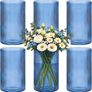 Aldernest Glass Cylinder Vase 6 Inch Tall- Blue Ribbed Decor for Wedding Centerpieces