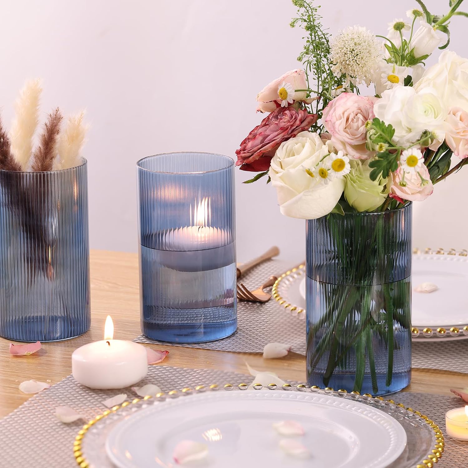 Aldernest Glass Cylinder Vase 6 Inch Tall- Blue Ribbed Decor for Wedding Centerpieces