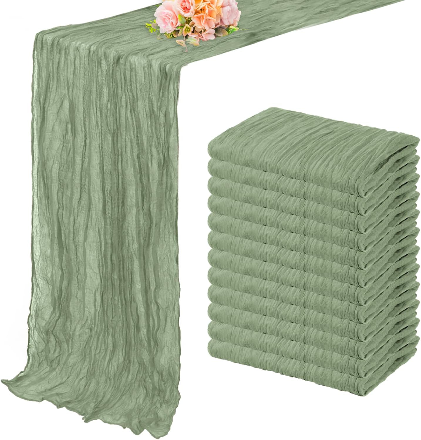 Aldernest 12 Pack Sage Green Cheesecloth Table Runner 10FT Rustic Gauze Fabric Cheese Cloth Table Runner for Wedding Bridal Baby Shower Table Decor 20
