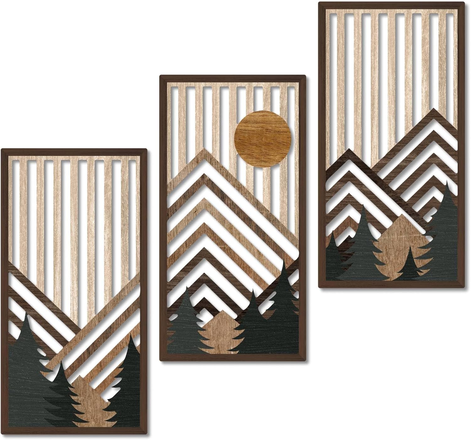 Ashenby Boho Mountain Wall Art Set of 3, Rustic Wooden Wall Decor, 1.54 pounds