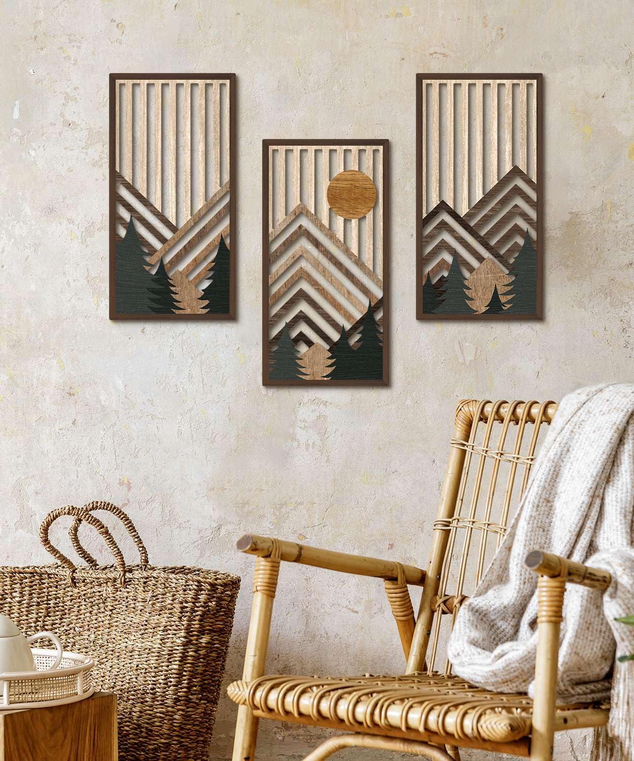 Ashenby Boho Mountain Wall Art Set of 3, Rustic Wooden Wall Decor, 1.54 pounds