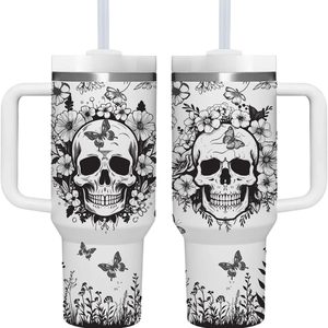 Birchmont 40 OZ Goth Skulls Tumbler with Handle.Skull Lover Tumblers Gift.Unique Birthday Christmas Halloween Goth Skull Cup Gifts.40 OZ skulls
