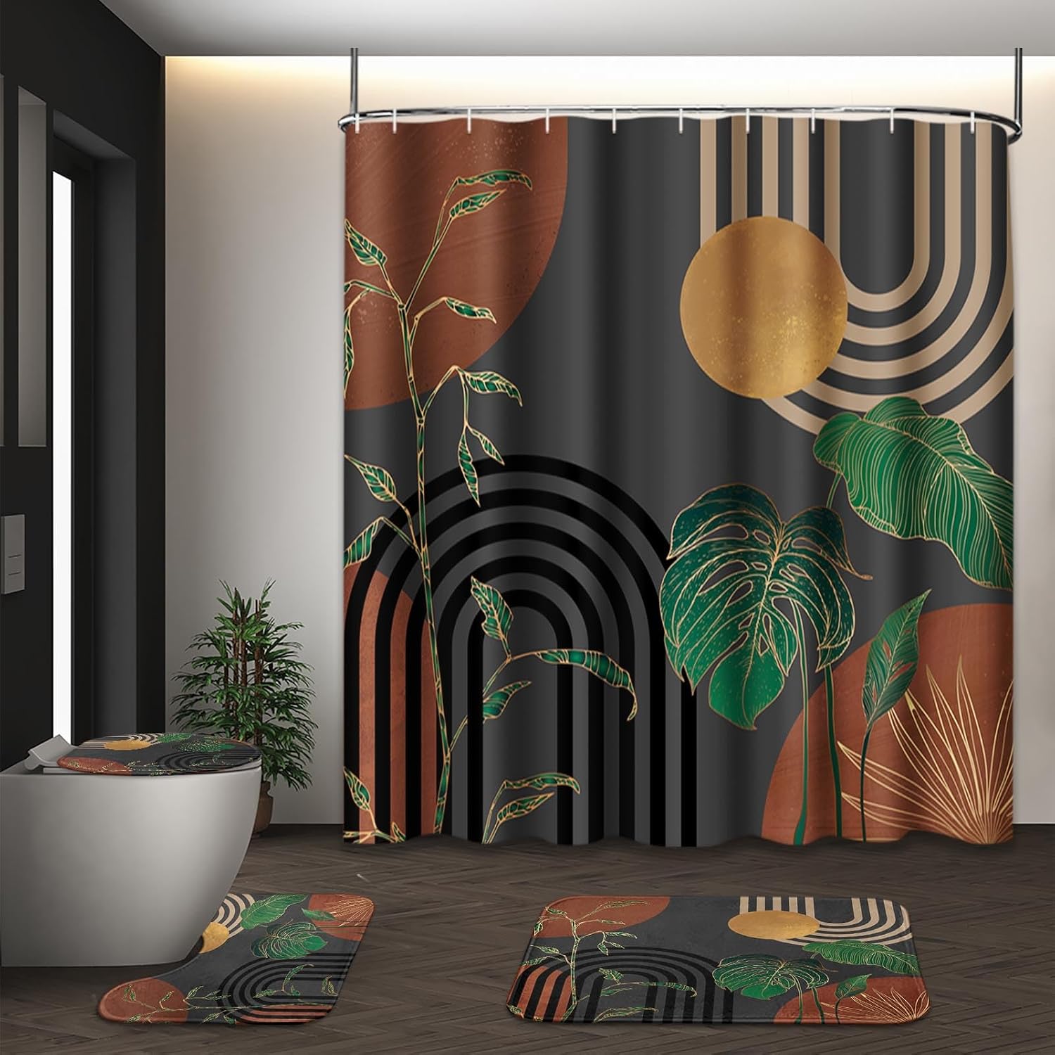 Aldernest Bathroom Sets with Shower Curtain and Rugs, Set of 4, Boho Retro, 1.4 pounds, 72"W x 72"L (Pack of 4), Grey