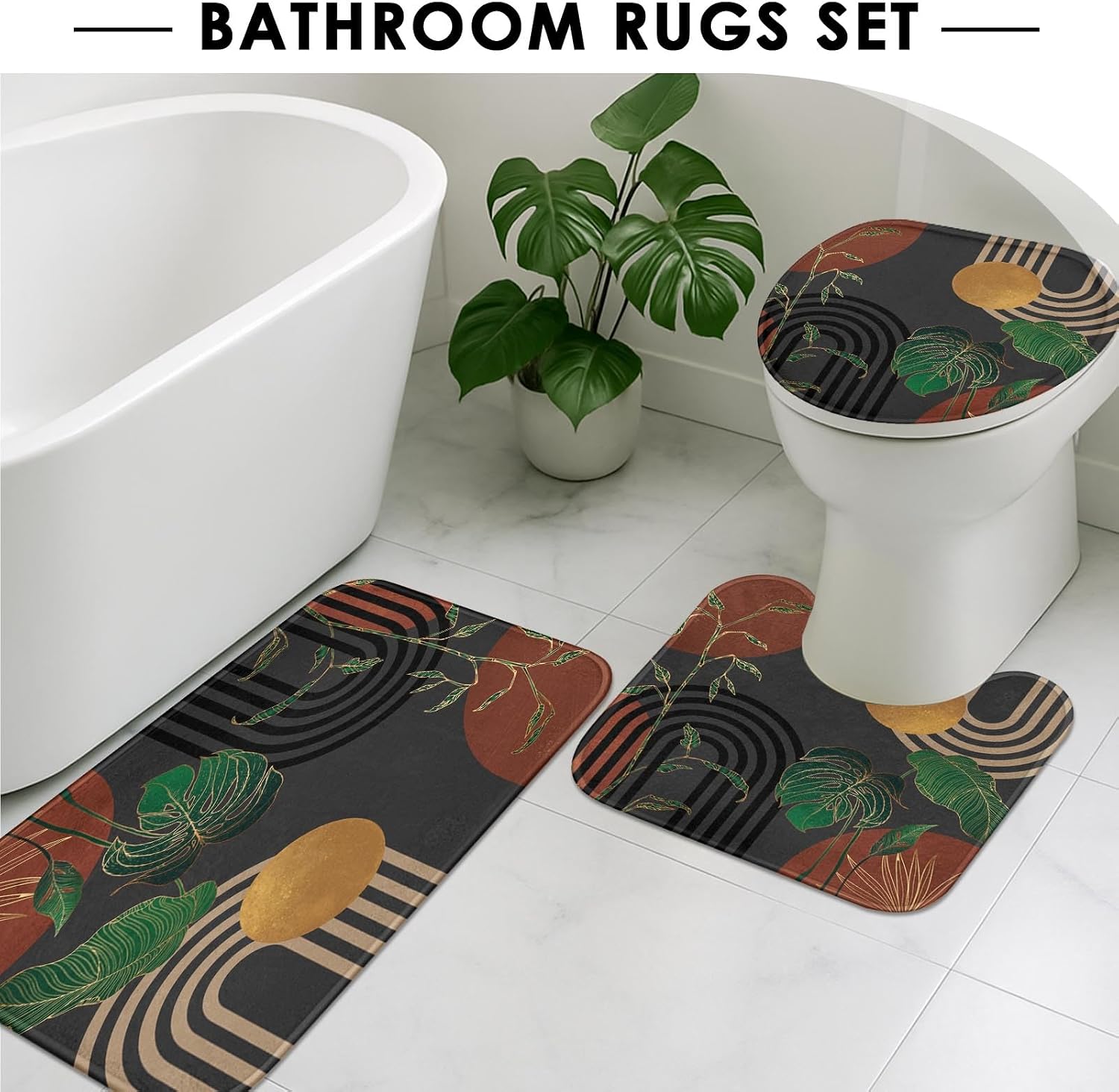 Aldernest Bathroom Sets with Shower Curtain and Rugs, Set of 4, Boho Retro, 1.4 pounds, 72"W x 72"L (Pack of 4), Grey