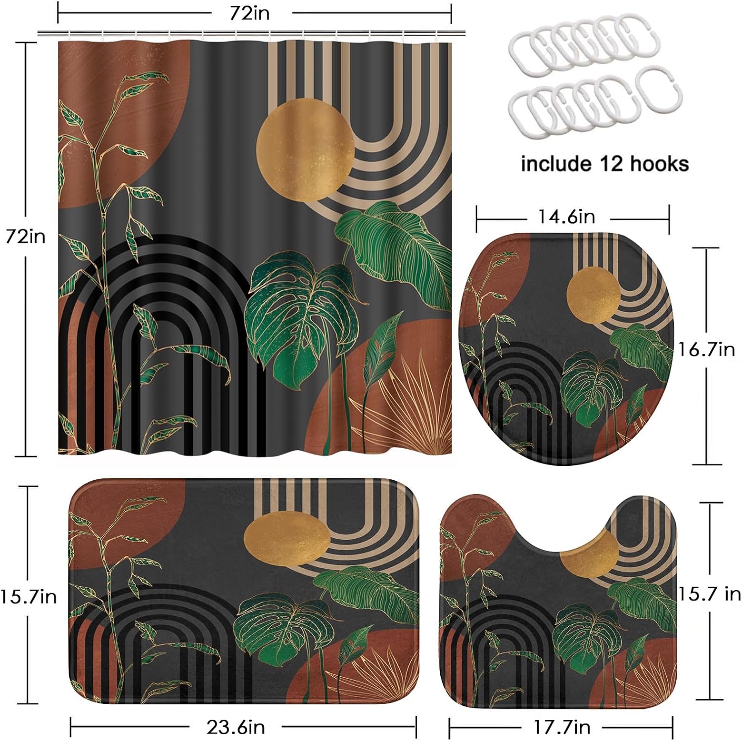 Aldernest Bathroom Sets with Shower Curtain and Rugs, Set of 4, Boho Retro, 1.4 pounds, 72"W x 72"L (Pack of 4), Grey