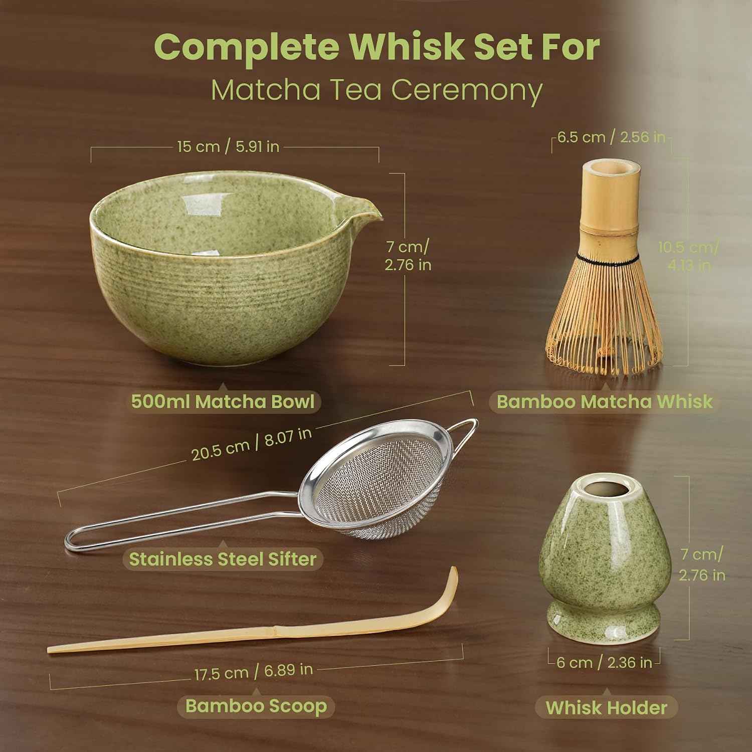 Aldernest Matcha Whisk Set, Ceramic Bowl Matcha Kit & Handcrafted Bamboo Chasen, Mottled Green, 5 Count