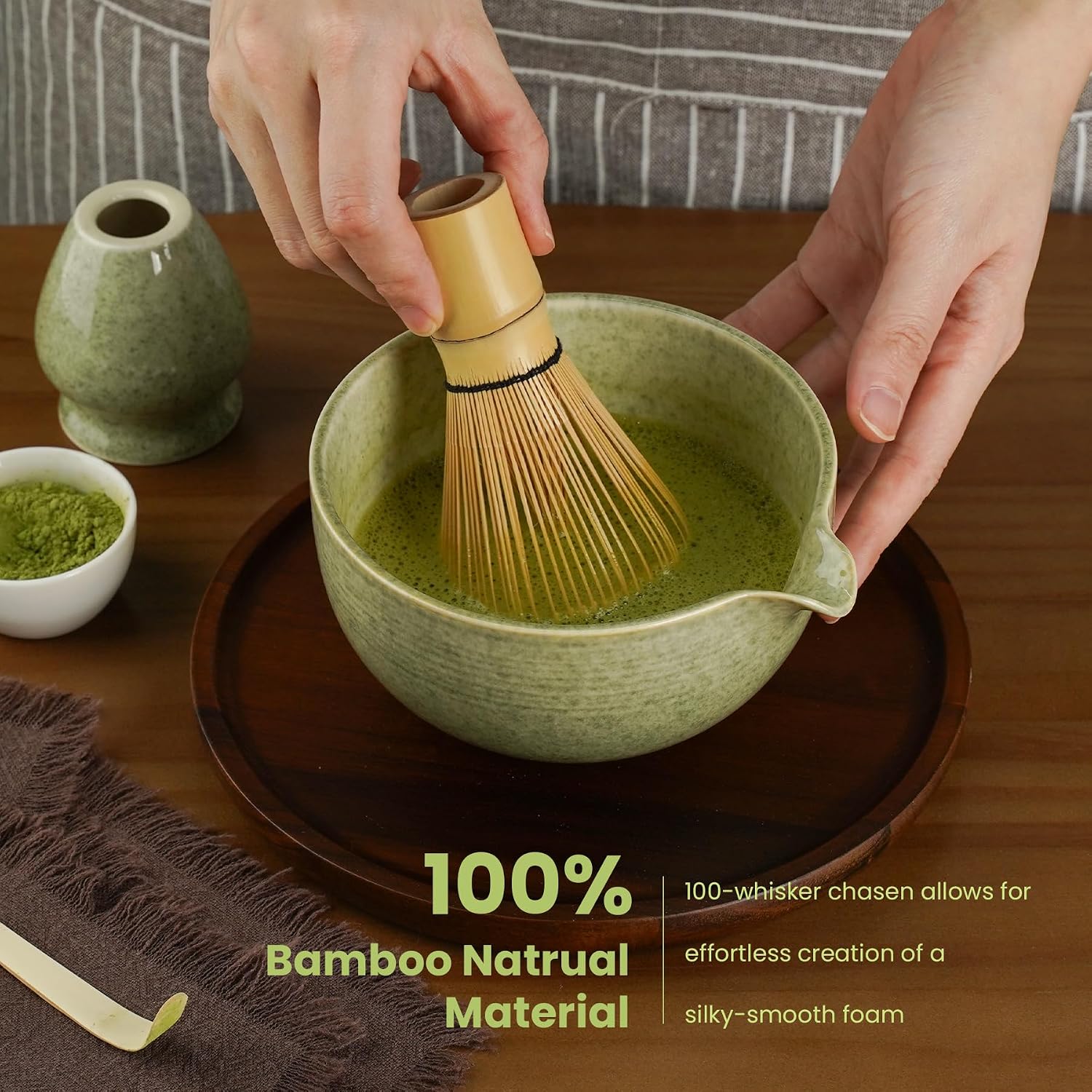 Aldernest Matcha Whisk Set, Ceramic Bowl Matcha Kit & Handcrafted Bamboo Chasen, Mottled Green, 5 Count