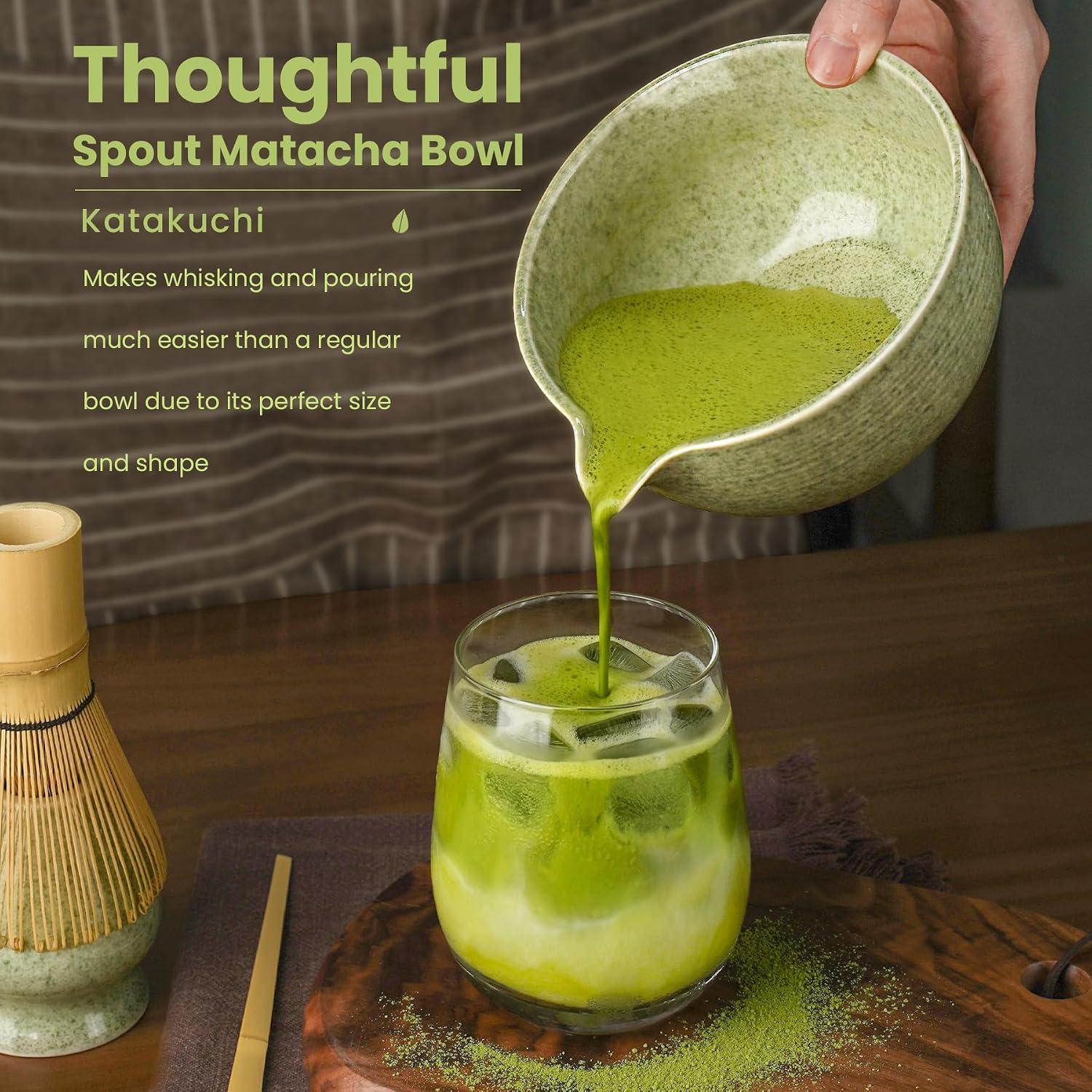 Aldernest Matcha Whisk Set, Ceramic Bowl Matcha Kit & Handcrafted Bamboo Chasen, Mottled Green, 5 Count