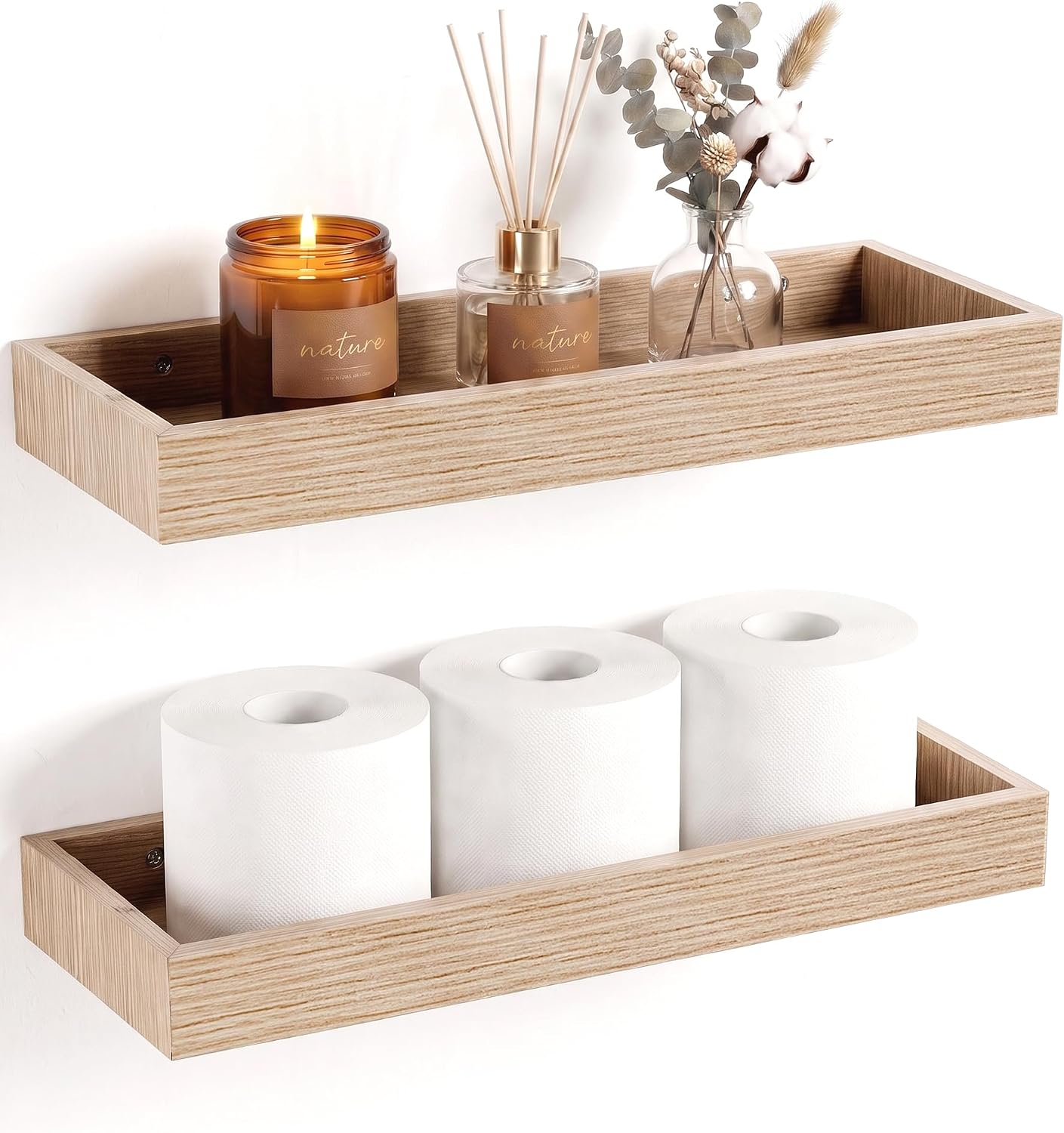 Aldernest Oak Floating Shelves with Raised Lip, 15.7 Inch Wall Shelf Set of 2, 1.4 pounds