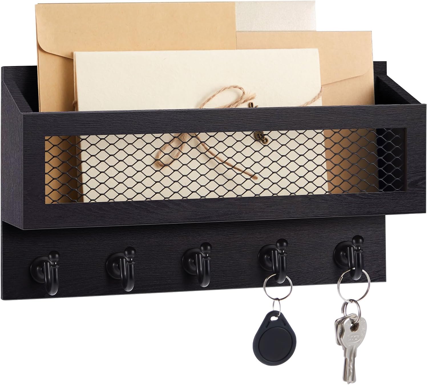 Birchmont Magnetic Mail and Key Holder with 5 Hooks for Wall, Black, 1.2 pounds