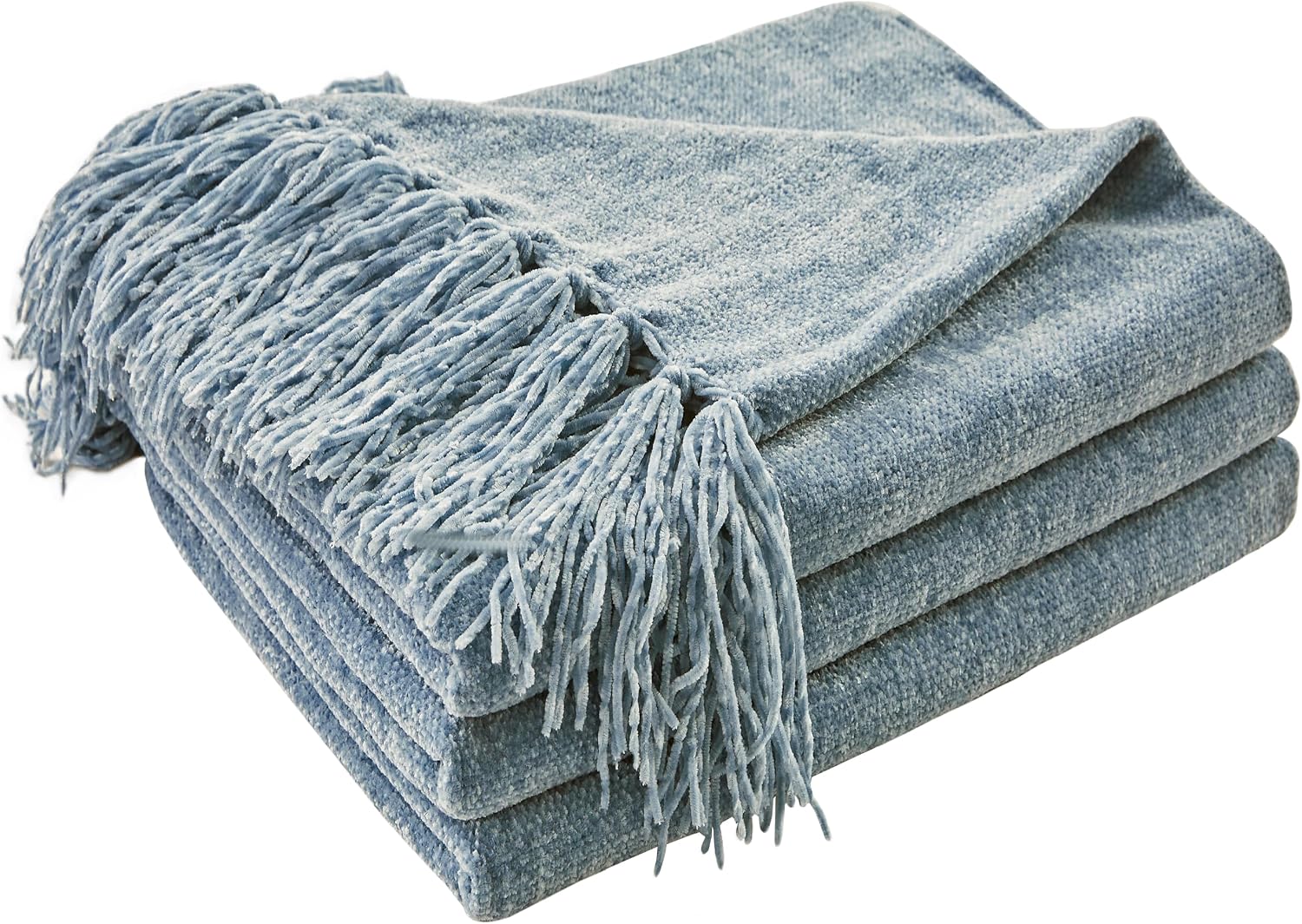 VelloHome Chenille Throw Blanket, Dusty Blue Fringe Blanket, 50"X60"
