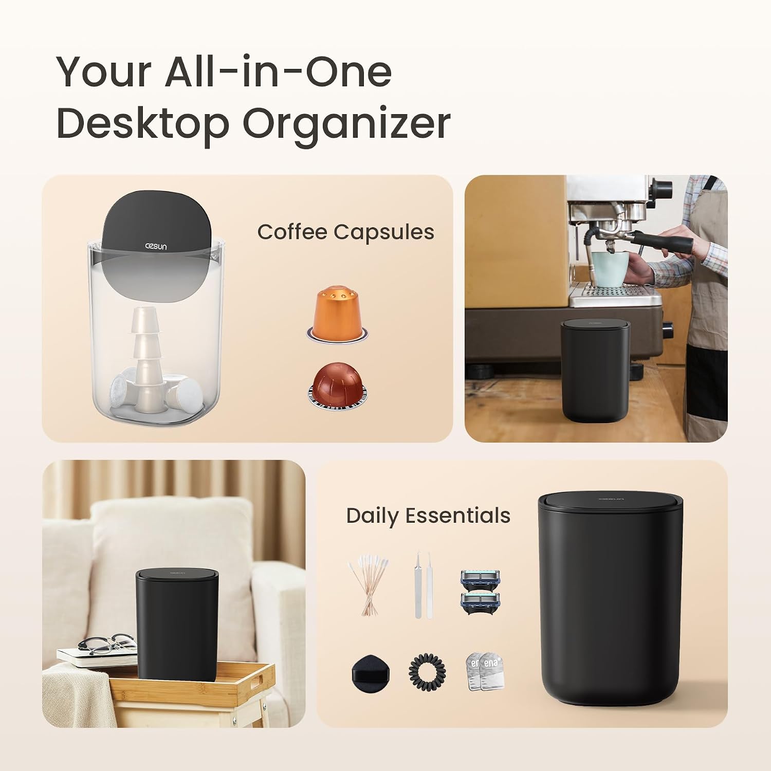 Aldernest Mini Desktop Trash Can with Swing Lid, 0.4 Gal Desk Trash Can, Black, 0.44 kg
