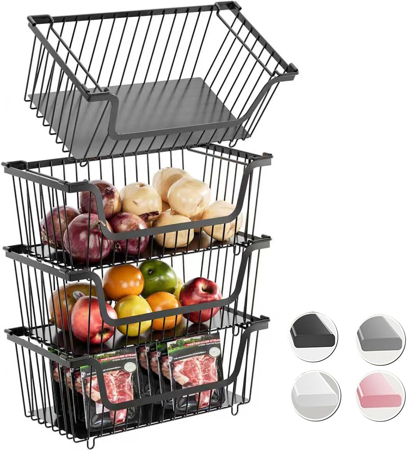Ashenby 4 Pcs Stackable Wire Baskets Pantry Organizers and Storage Bins, Black, 4.5 pounds