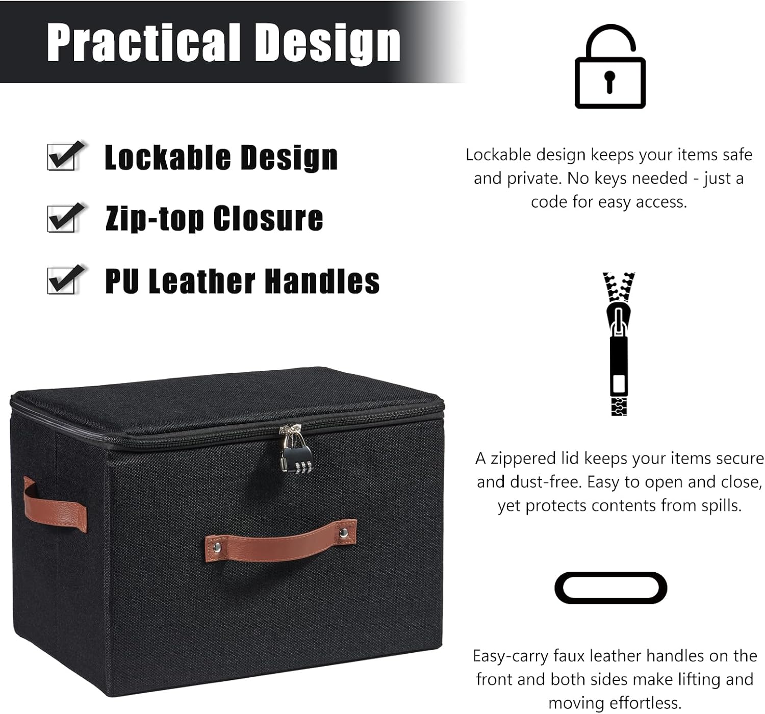 Aldernest Lockable Storage Bins Box with Zipper Lid Combination Lock, 0.53 kg, Black