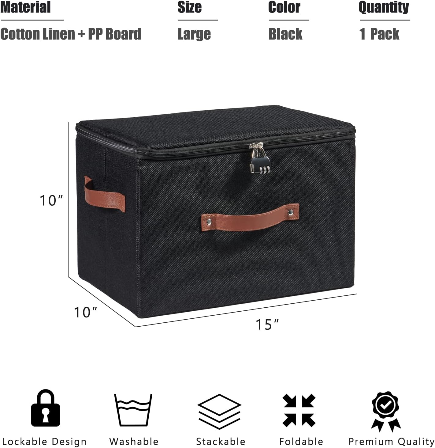 Aldernest Lockable Storage Bins Box with Zipper Lid Combination Lock, 0.53 kg, Black