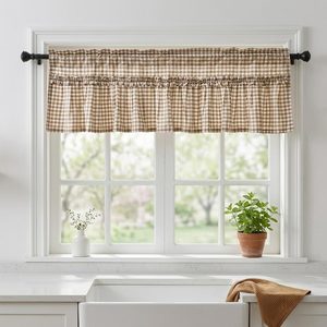 Ashenby Taupe/White Plaid Gingham Ruffle Window Valance Farmhouse Checkered Kithchen Treatment Washed Cotton Decorative Curtain Rod Pocket 52" W x 18"