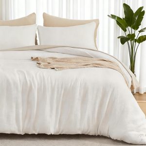 Aldernest Muslin Cotton Duvet Cover Set Linen Like Cream White Queen, 1.76 kg, Queen(90"×90"), 3 Set