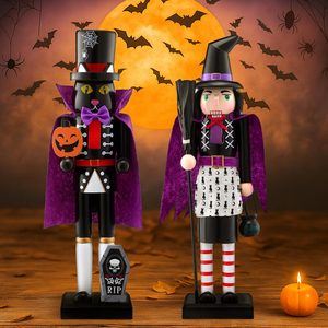 Aldernest 2 Pcs Halloween Nutcracker 14 Inch Wooden Witch Black Cat Figure, 1.2 pounds
