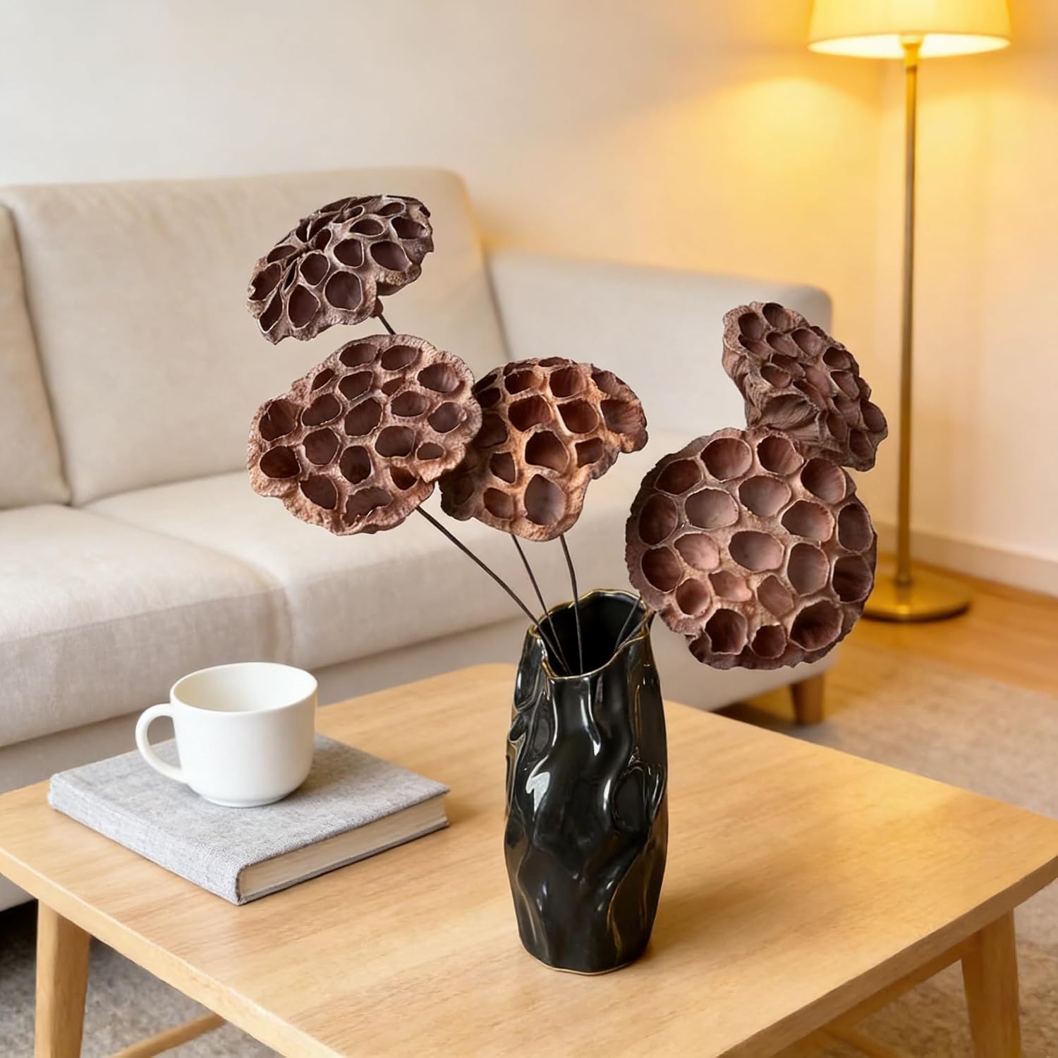 VelloHome Dried Lotus Pods 5 Pcs 20" Natural Brown with Stems for Vase Decor, 0.12 kg