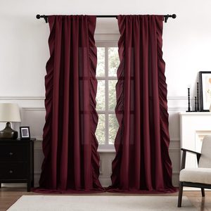 Ashenby Burgundy Ruffle Curtains 84 Inches Long 2 Panels for Bedroom Living Room Rod Pocket Light Filtering Vintage Victorian Romantic Curtains for