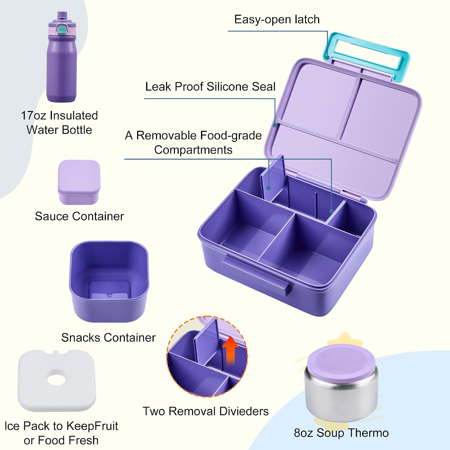 Aldernest Bento Lunch Box for Kids with 8oz Soup Thermo, 1.52 kg, Purple