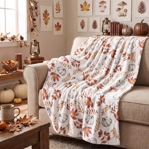 VelloHome Fall White Pumpkin Orange Leaves Flannel Throw Blanket 50x60, 0.42 kg