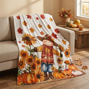 VelloHome Fall Scarecrow Pumpkin Leaves Flannel Throw Blanket 50x60, 0.4 kg, Orange