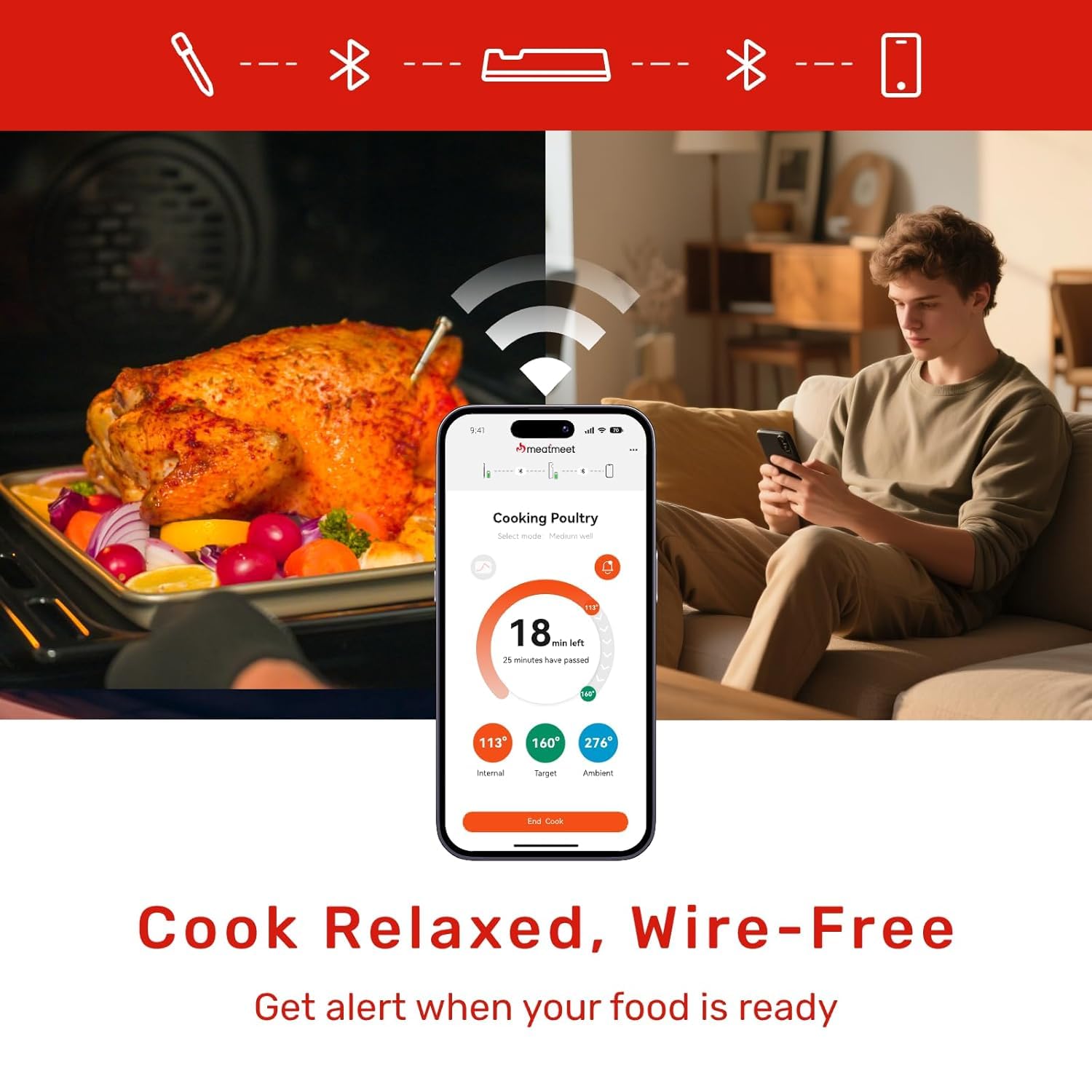 Aldernest Wireless Meat Thermometer Digital, ±0.18℉ Accuracy with 6 Sensors, 227 g, Dark Grey