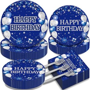 Aldernest Happy Birthday Plates and Napkins Set, Blue Silver, Serves 50