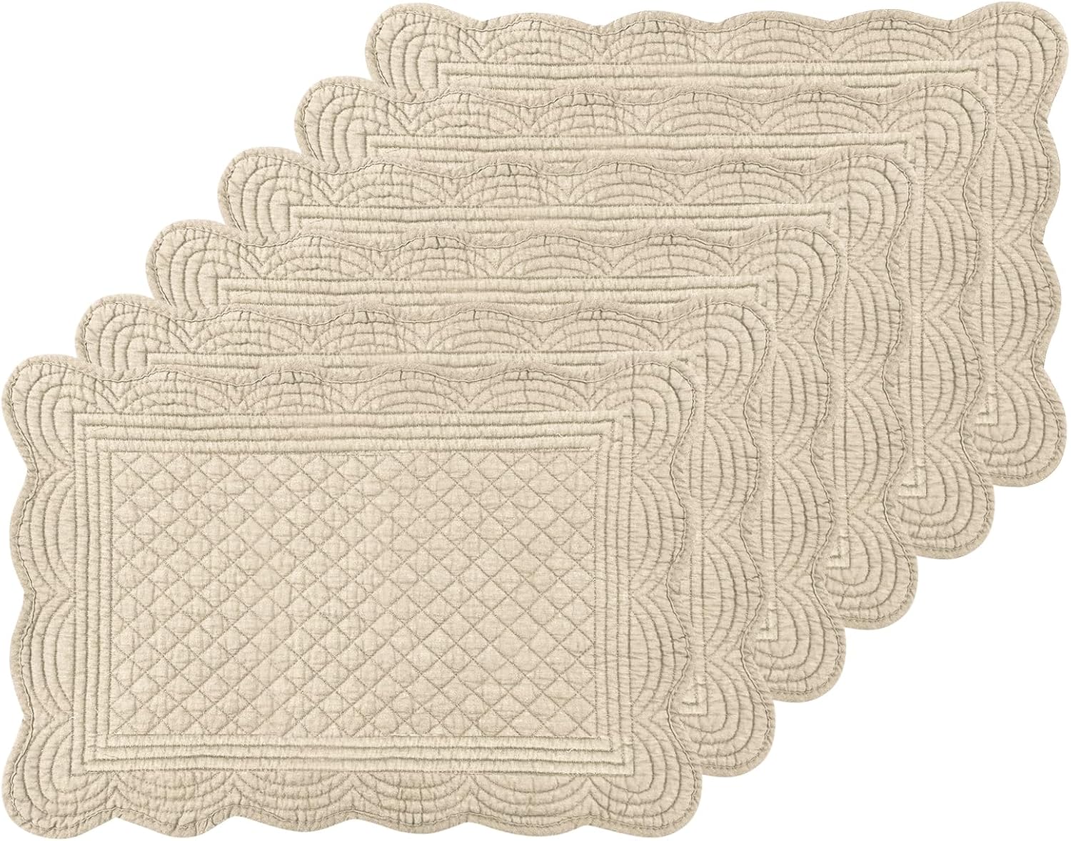 Birchmont 6 PC Quilted Placemats, 18"X13"Extra Large Cotton Placemats Set of 6, Rectangular, Flax