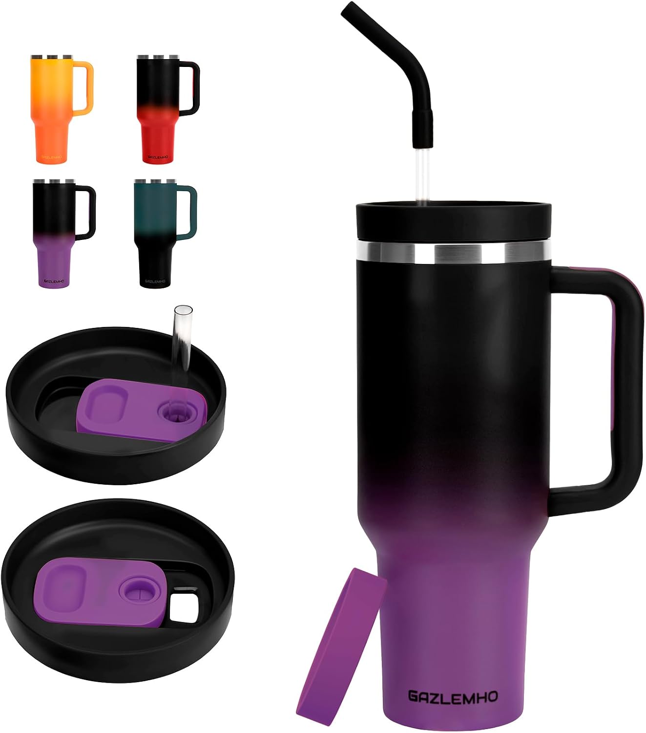 Ashenby 40oz Tumbler with Handle and Straw Spout 2-in-1 Lid, 1.1 pounds, Black Purple