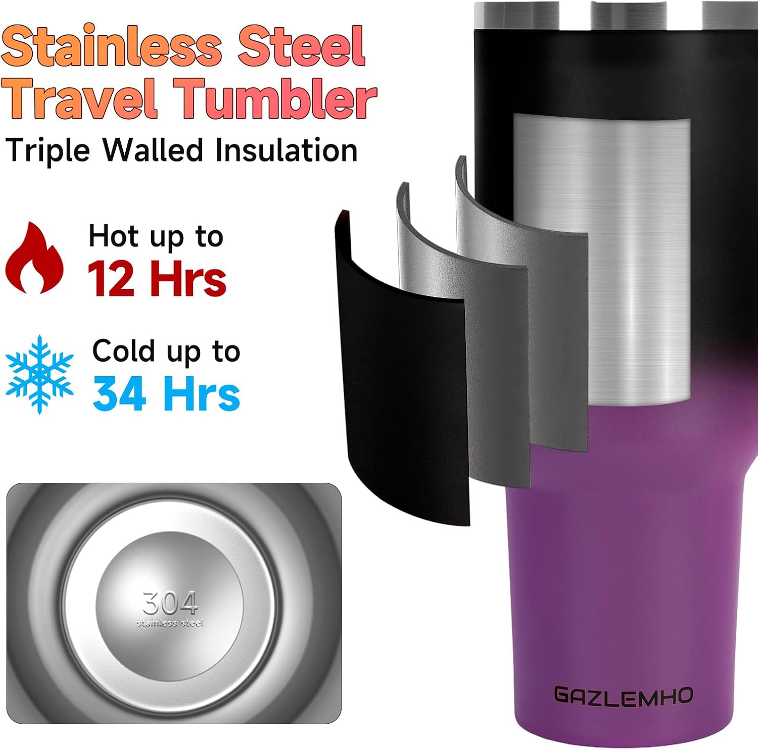 Ashenby 40oz Tumbler with Handle and Straw Spout 2-in-1 Lid, 1.1 pounds, Black Purple