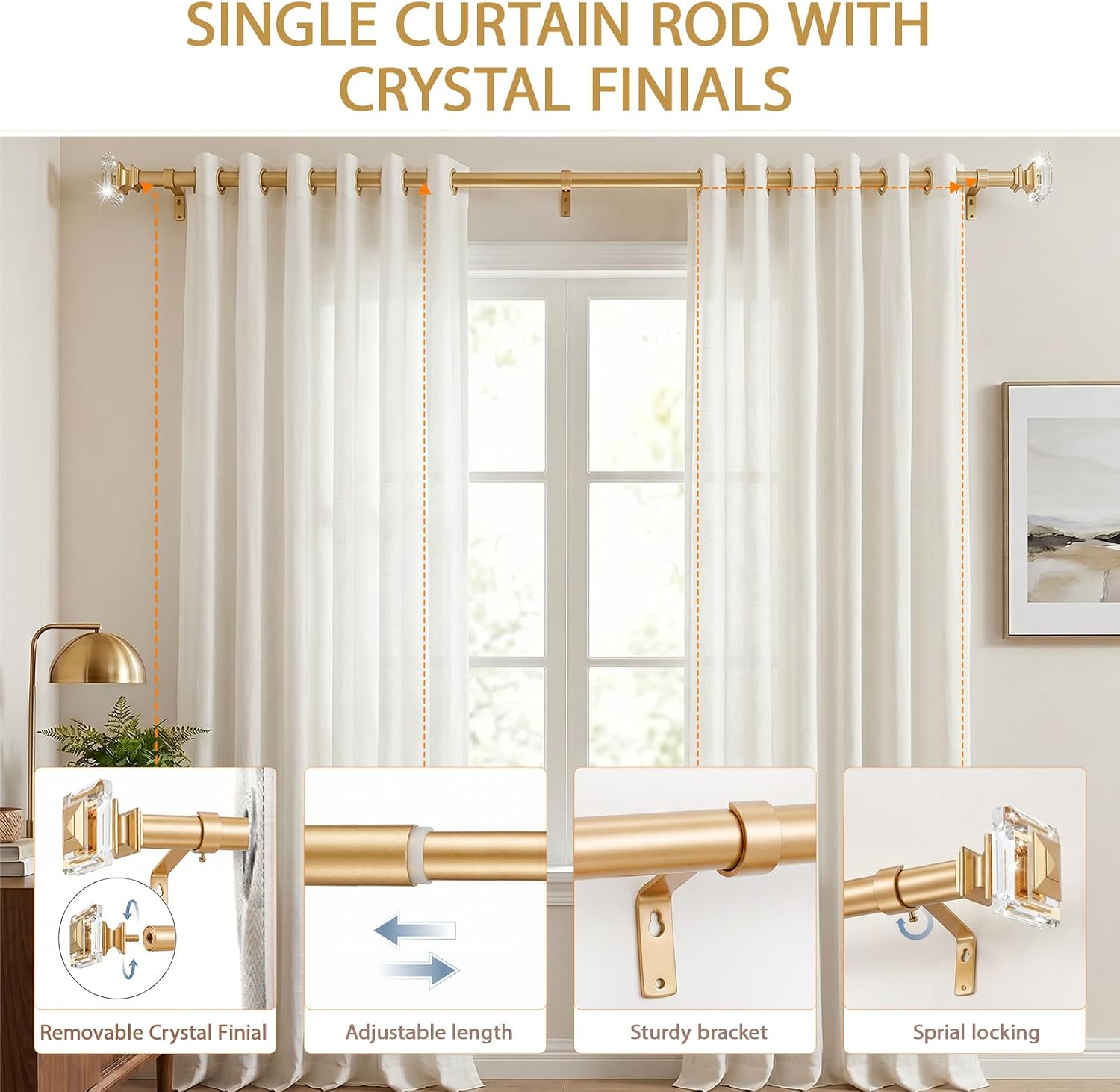 Aldernest Adjustable Curtain Rods 46-148", 1" Diameter Gold Metal Single Window Rod, 72 Count