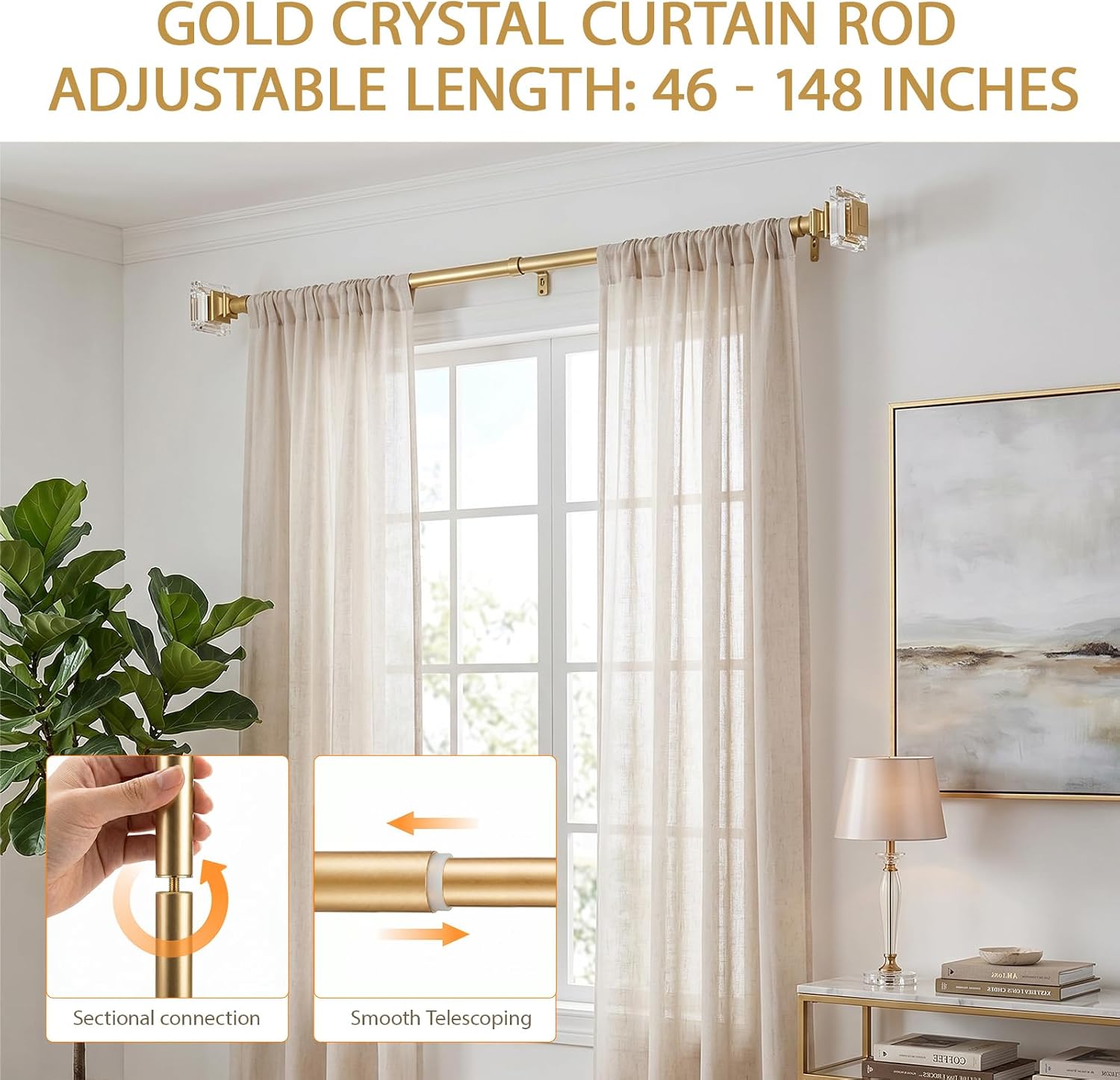 Aldernest Adjustable Curtain Rods 46-148", 1" Diameter Gold Metal Single Window Rod, 72 Count