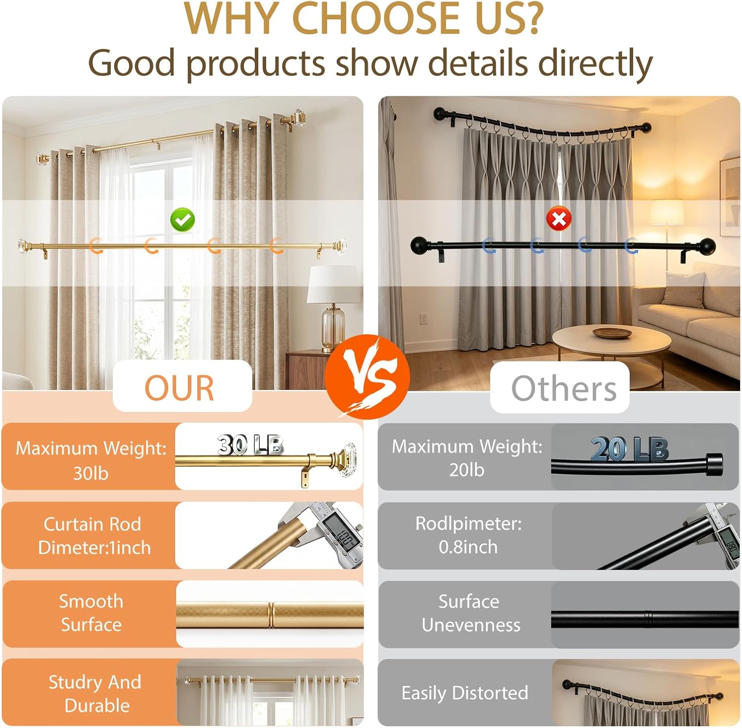 Aldernest Adjustable Curtain Rods 46-148", 1" Diameter Gold Metal Single Window Rod, 72 Count