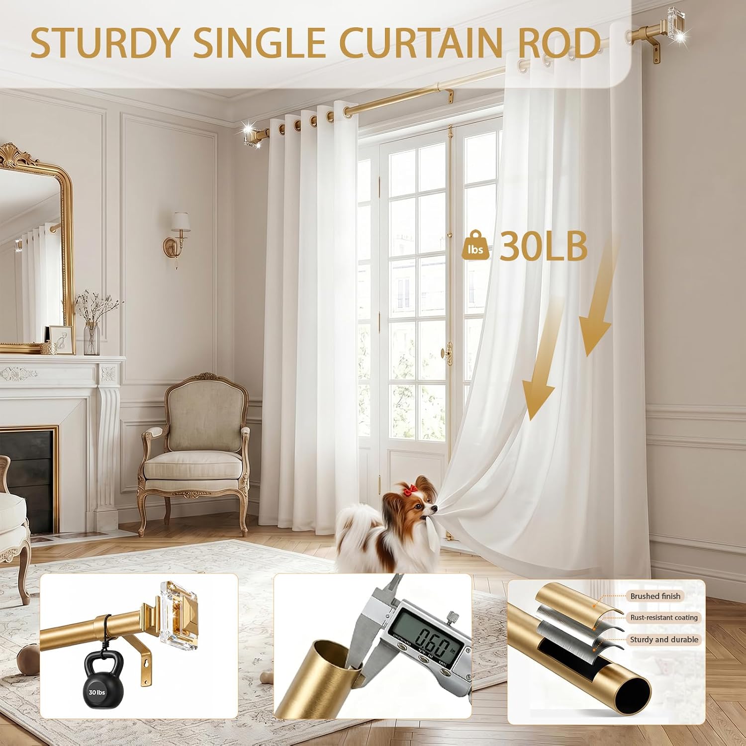 Aldernest Adjustable Curtain Rods 46-148", 1" Diameter Gold Metal Single Window Rod, 72 Count