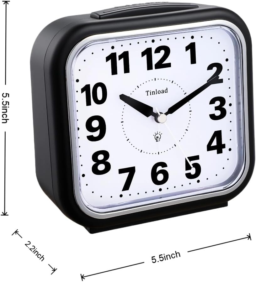 Birchmont 5.5" Large No Ticking Analog Alarm Clock, Silent Readable for Seniors, 0.26 kg, Black