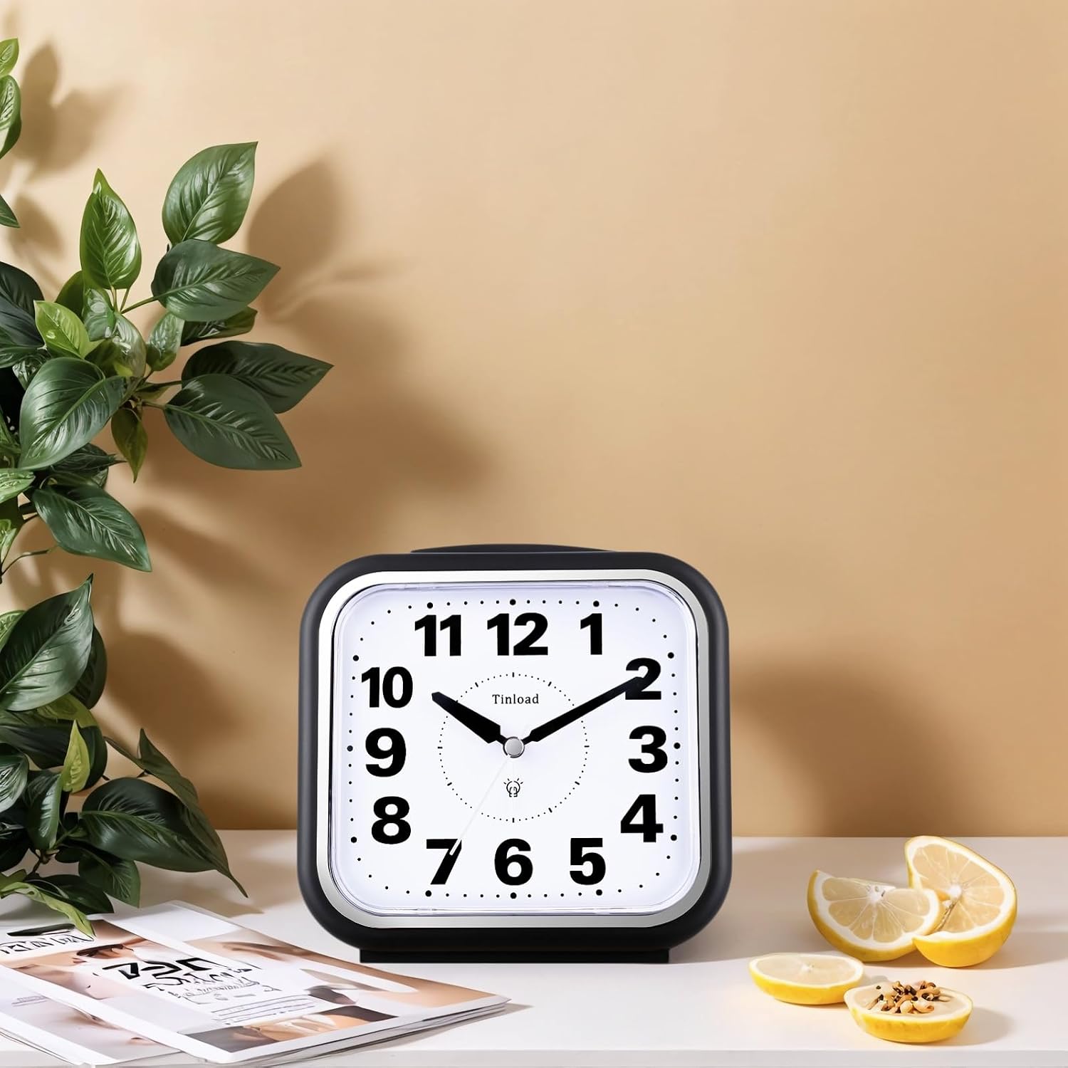 Birchmont 5.5" Large No Ticking Analog Alarm Clock, Silent Readable for Seniors, 0.26 kg, Black