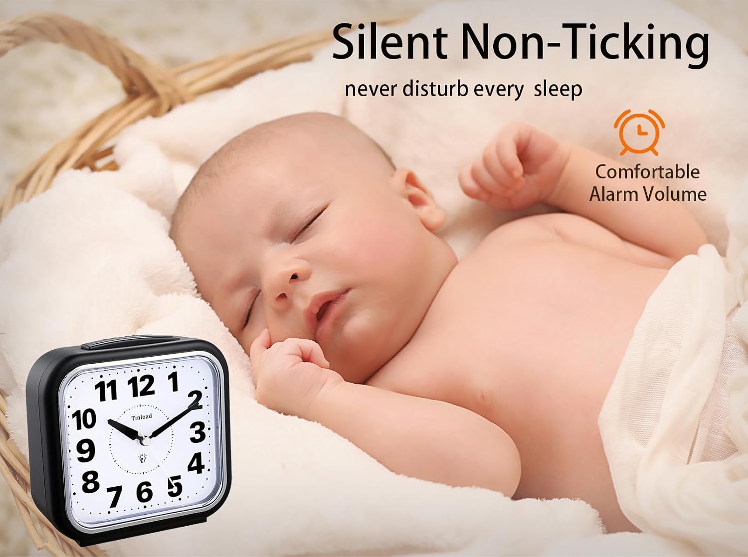 Birchmont 5.5" Large No Ticking Analog Alarm Clock, Silent Readable for Seniors, 0.26 kg, Black
