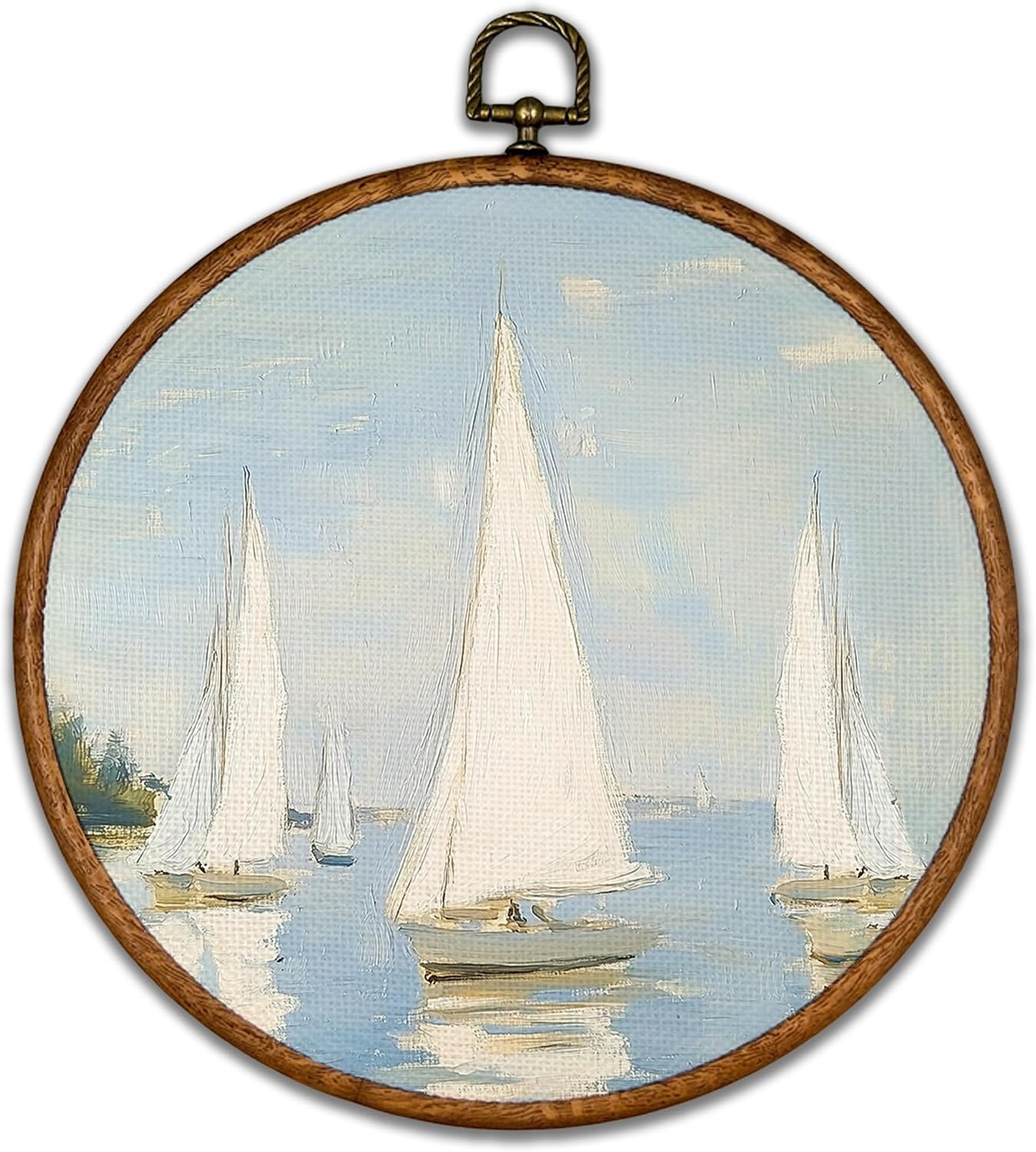 LumeraHome Vintage Sailboat Round Wall Art Decor - Retro Coastal Landscape Wall Art Canvas Frame Artwork Prints