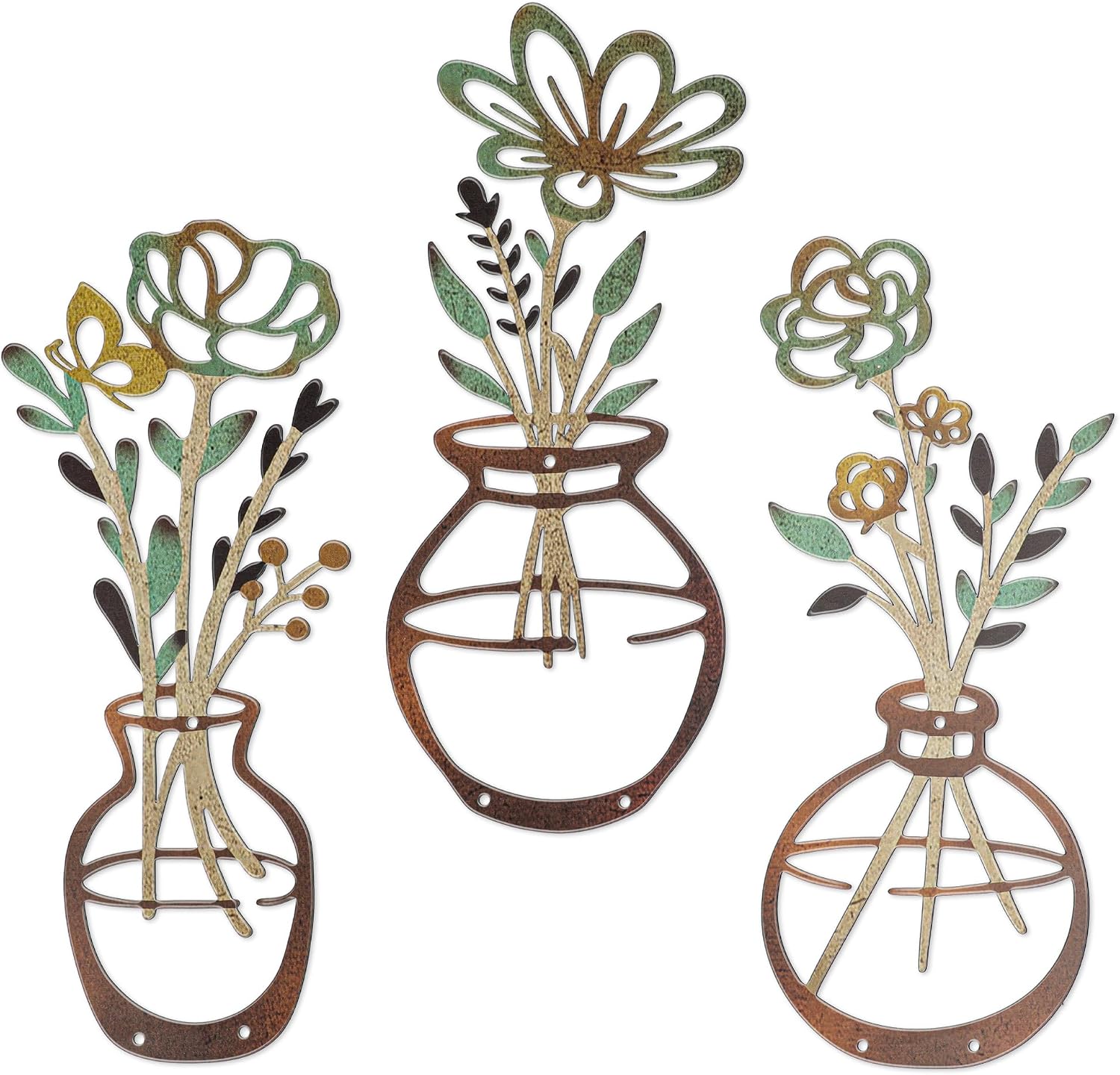 Ashenby 3 Pieces Metal Flowers Wall Decor - Rustic Farmhouse Wall Arts, 80 g, 13.7"L x 6"W, Brown-Green