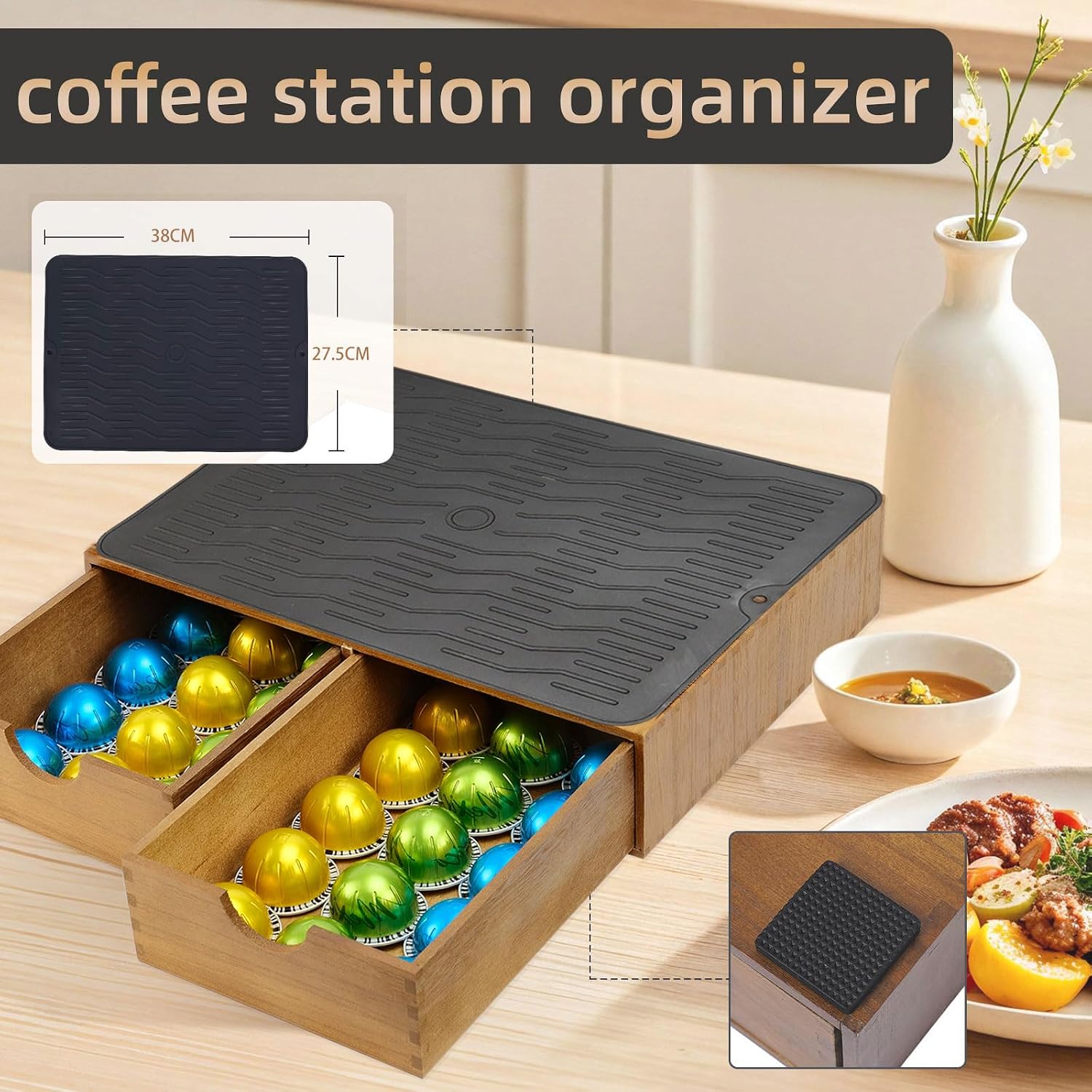 Barleyfield Wooden Coffee Pod Holder Drawer, K Cup Organizer Storage Box, 30 Pods, 1.4 pounds, Walnut