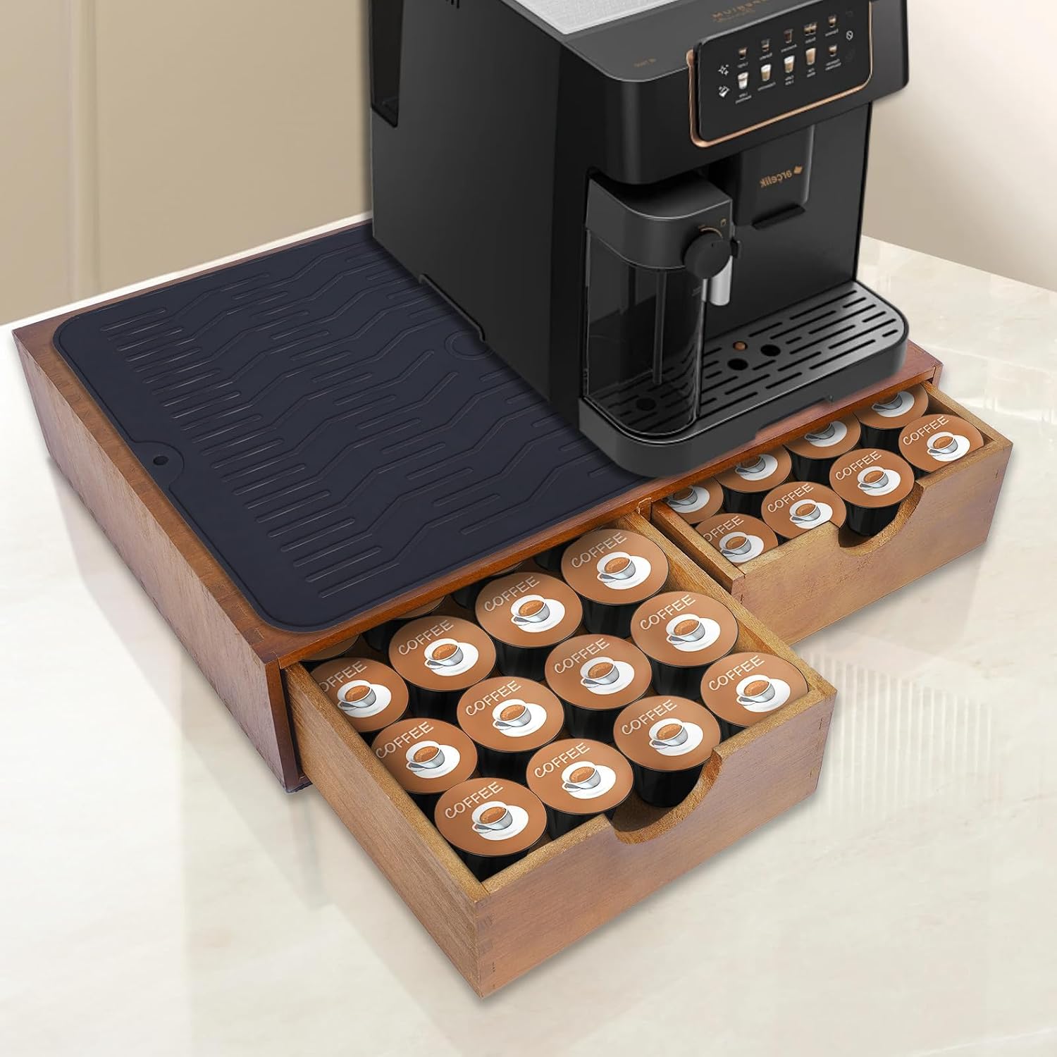 Barleyfield Wooden Coffee Pod Holder Drawer, K Cup Organizer Storage Box, 30 Pods, 1.4 pounds, Walnut