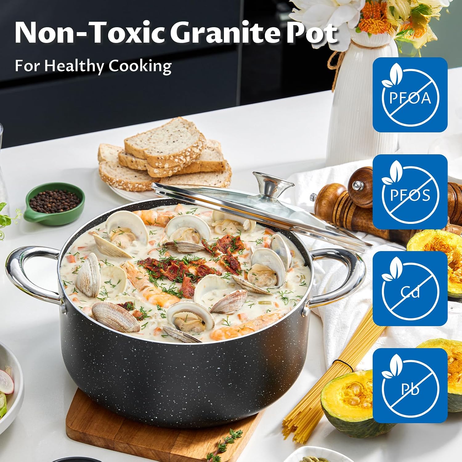 Ashenby 6 Quart Nonstick Stock Pot with Lid, Induction Cooking Pot for Soup, 2.04 kg, 6.3 Quarts, Black