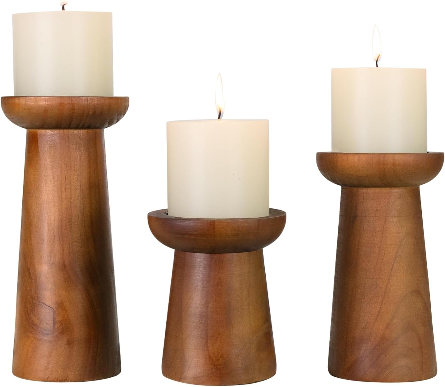 VelloHome Pillar Candle Holders Set of 3, Wooden Candle Holders, 1.13 kg, Brown
