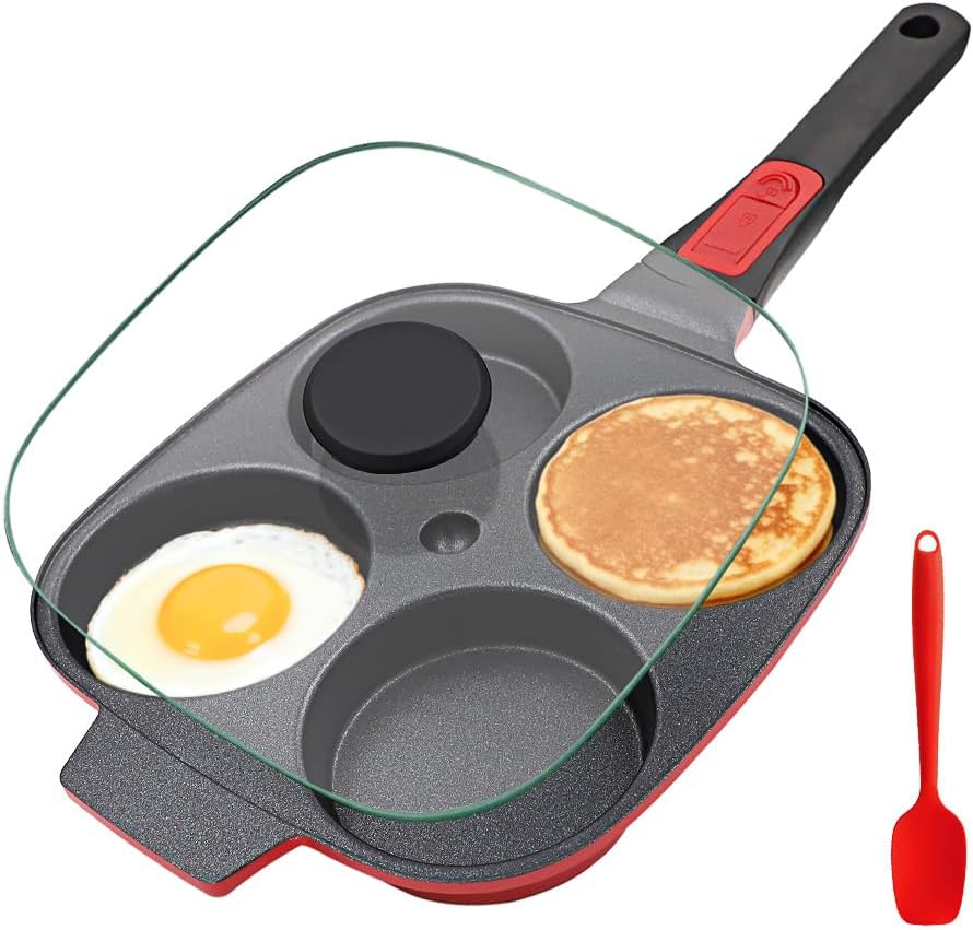 Barleyfield 4-Cup Egg Pan with Lid, Nonstick Omelette Skillet - Red, 1 kg