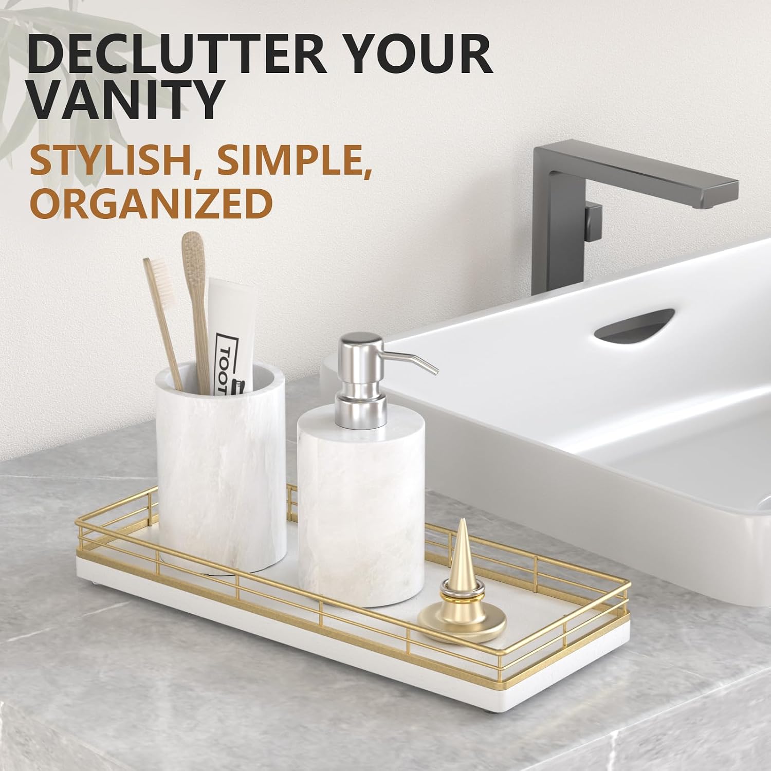 Aldernest Bathroom Tray for Counter Top Organizer, Oak Wood Vanity Tray, 16 ounces, Gold & White